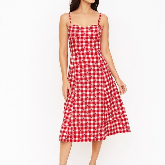Avec Les Filles Red Gingham Cherry Pie Sweetheart Neck Fit & Flare Dress Pockets - Picture 16 of 16